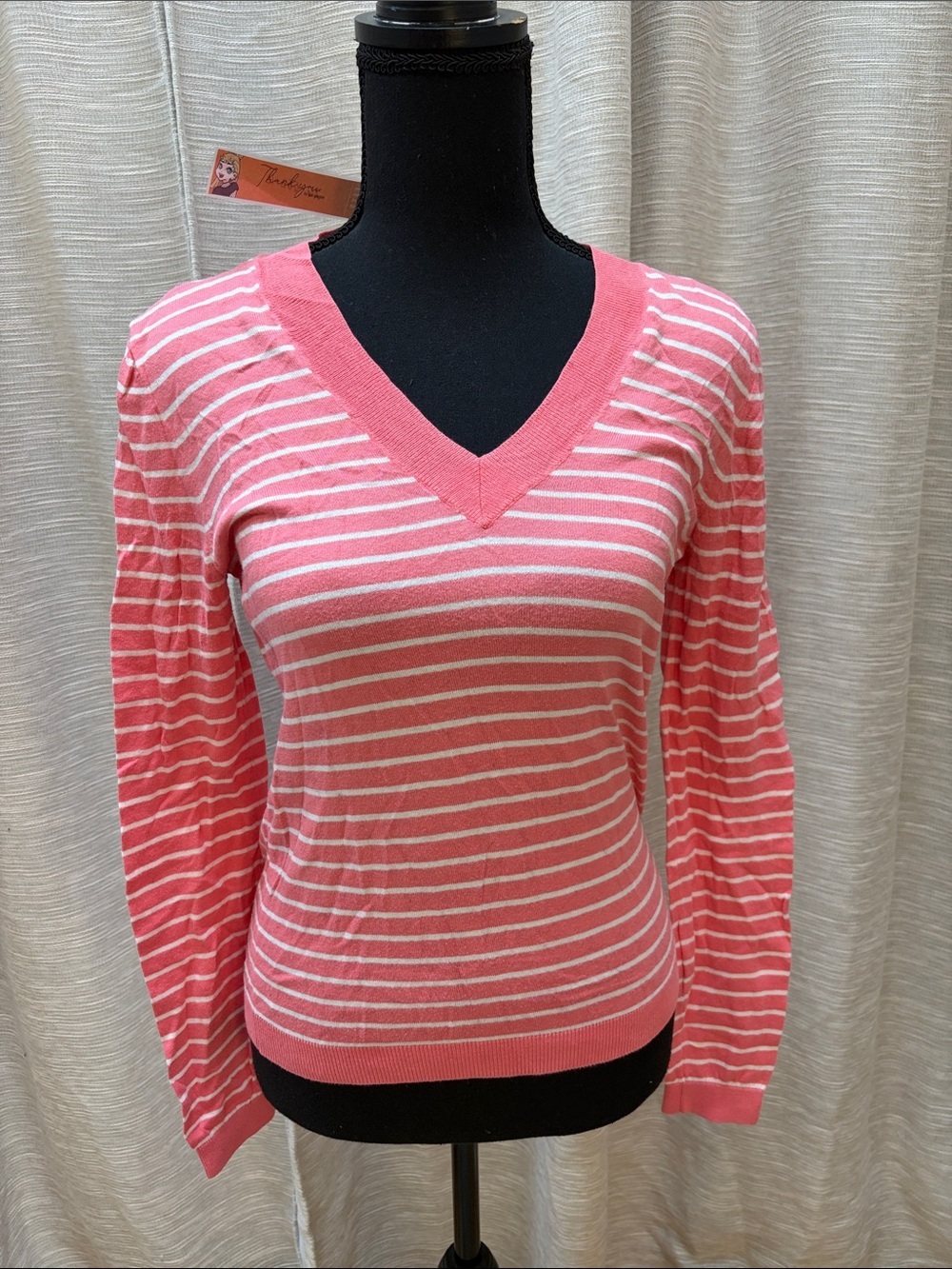 J. Crew Coral Pink and White Striped V-Neck Sweater